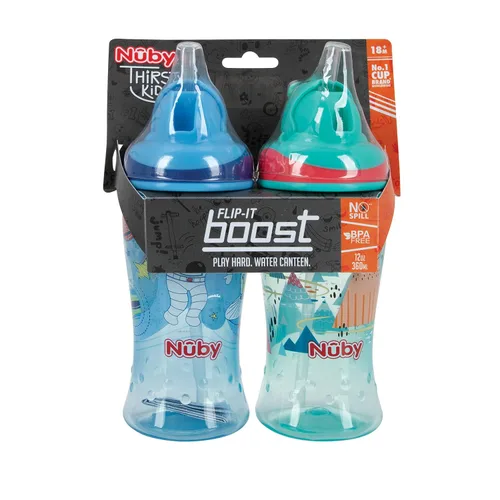 Miniatura 5 de Nuby 2pkThirsty Kids Flip-it - Taza de refuerzo impresa con popote fino y suave, 12 onzas, más de 18 meses, el paquete de 2 unidades puede variar