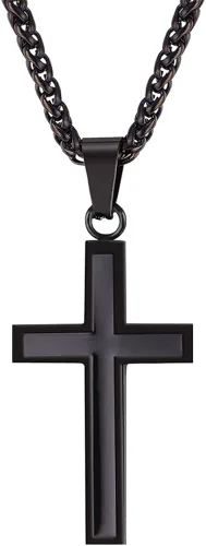 U7 Simple Cross Necklace for Men Women, Stainless Steel Silver Black Gold Latin Cross Pendant Necklaces, Custom Engravable, Length 22-24 Inches
