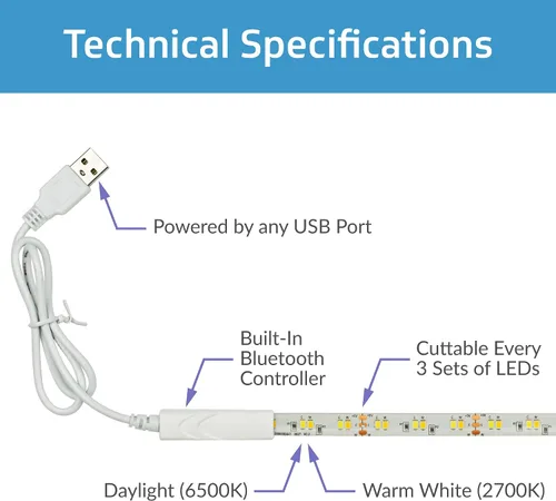 Miniatura 3 de CLEANLIFE TrueColor - Tira LED inteligente – Cinta USB de 6.6 ft con control Bluetooth – Controlada por aplicación y programable – Blanco cálido a