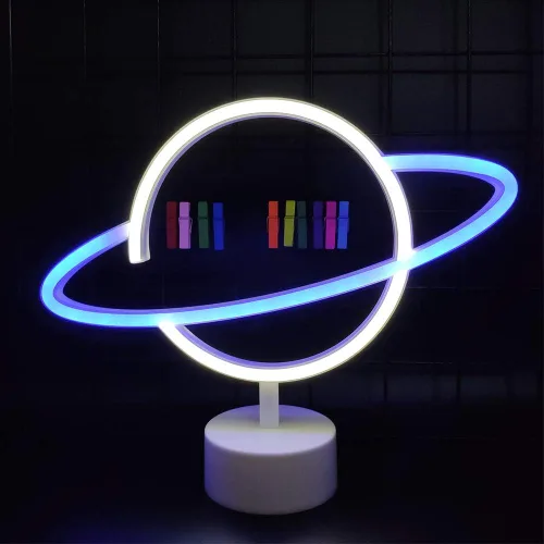 Miniatura 10 de ENUOLI Letreros de luz de neón de planeta rosa, luces de noche LED con pedestal, decoración de habitación, batería/operación USB, letreros de neón