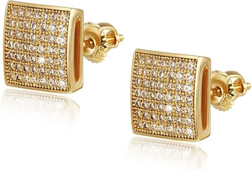 RANKEEF Aretes para hombre, aretes helados para hombre, aretes chapados en oro de 18 quilates, hipoalergénicos, redondos, con parte trasera,