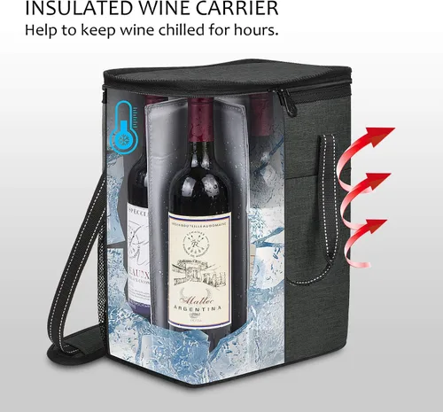 Miniatura 3 de Tirrinia - Bolsa térmica para regalo de vino para 6 botellas, aislada y acolchada con asa y correa de hombro ajustable para viajes o picnic, regalo