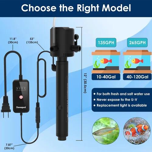 Miniatura 7 de Filtro U-V para acuario para agua verde, máquina limpia verde para peceras con aireación y salida de agua doble, bomba de agua sumergible y luz U-V