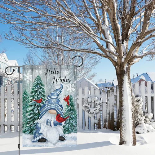 Miniatura 3 de Bandera de jardín de gnomo de invierno de 12 x 18 pulgadas, arpillera de doble cara, cardenales, copos de nieve, banderas de patio para Navidad