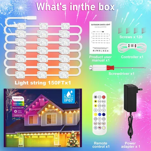 Miniatura 6 de MUCCCUTE Luces Permanentes al Aire Libre para Navidad de 150 pies RGB + IC para Aleros con Aplicación y Control Remoto, Cadena de Luces LED al Aire