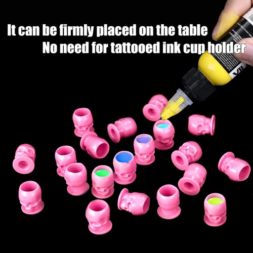 Miniatura 4 de YILONG Tapas de tinta desechables para tatuaje, vasos de tinta de tatuaje de calavera con base estable y 200 unidades por paquete, soporte Calavera