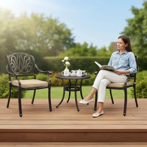 Miniatura 2 de VINGLI Juego de 3 piezas de bistró para exteriores, mesa de patio de aluminio fundido y 2 sillas para patio, balcón, jardín, juego de muebles