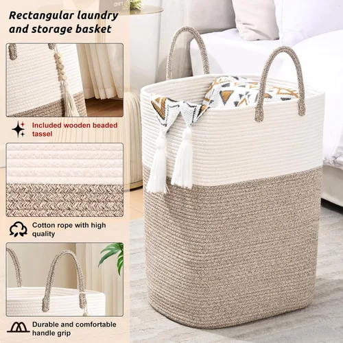 Miniatura 8 de Cesta Tejida de 65L para Ropa, Grandes Cestas de Lavandería Rectangulares con Cuentas y Borlas, Cesta de Almacenamiento para Guardería para Marrón