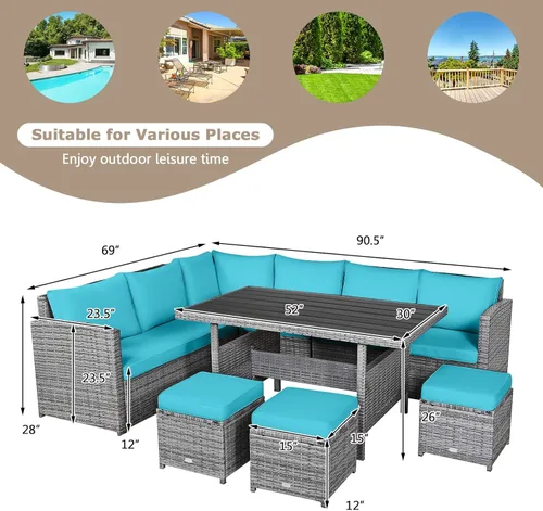 Miniatura 9 de HAPPYGRILL Juego de muebles de mimbre de ratán de 7 piezas, juego de muebles de patio al aire libre con cojines, juego de sofá de ratán con mesa