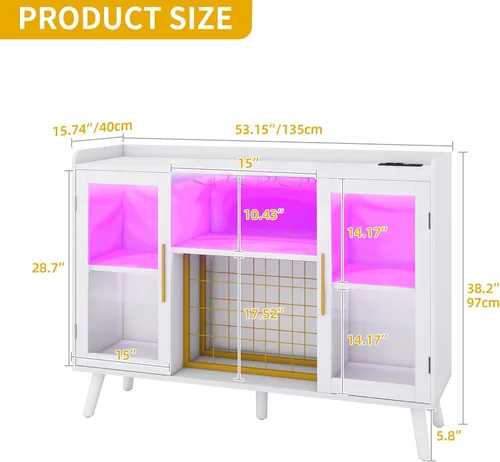 Miniatura 3 de DWVO Armario de bar de vinos con luces LED y tomas de corriente, gabinete de barra de café de 53 pulgadas para licor y vasos, aparador moderno