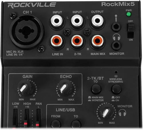Miniatura 4 de Rockville RockMix Mezclador Pro de 5 canales con interfaz USB, Bluetooth, eco, ecualizador de 2 bandas, diseño compacto, portátil, para podcasting