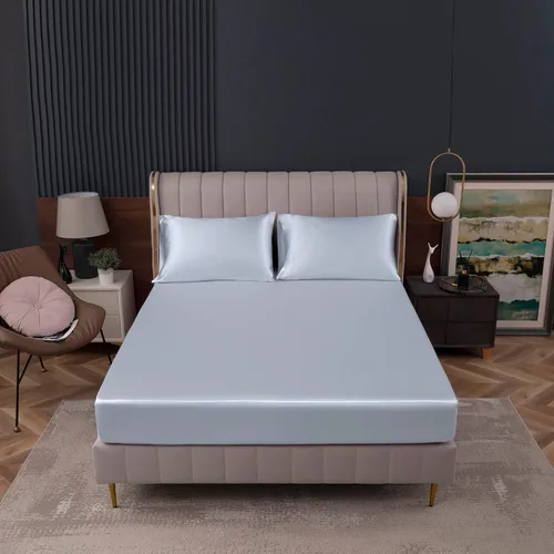 Miniatura 2 de Homiest Sábana bajera ajustable de satén azul bebé, tamaño individual, bolsillo profundo, ropa de cama lujosa y ultrasuave