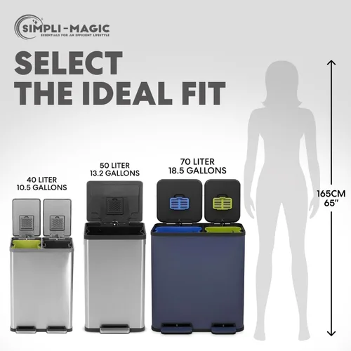 Miniatura 3 de Cubo de basura rectangular de 70 litros/18.5 galones con pedal, sin contacto manual, doble compartimento para reciclaje de cocina, con tapa Acero
