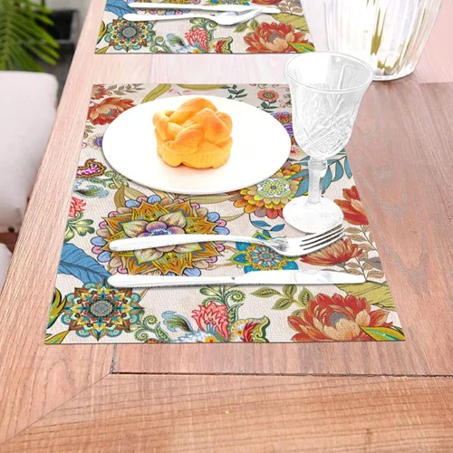 Miniatura 6 de Juego de 4 manteles individuales florales bohemios de lino de 12 x 18 pulgadas, manteles individuales de flores coloridas para cocina, mesa