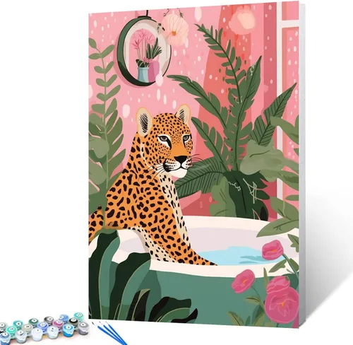 Miniatura 17 de Pintura por números para adultos, baño, animales, bricolaje, pintura al óleo digital, pintura acrílica, cebra, arte de pared, hojas verdes, bañera