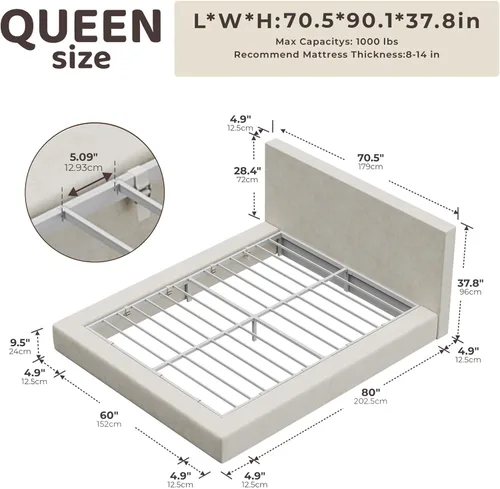 Miniatura 2 de RECCI Cloud - Base de cama Queen tapizada con cabecero, plataforma acolchada de espuma de 5 pulgadas, sin somier, fácil montaje (crema)
