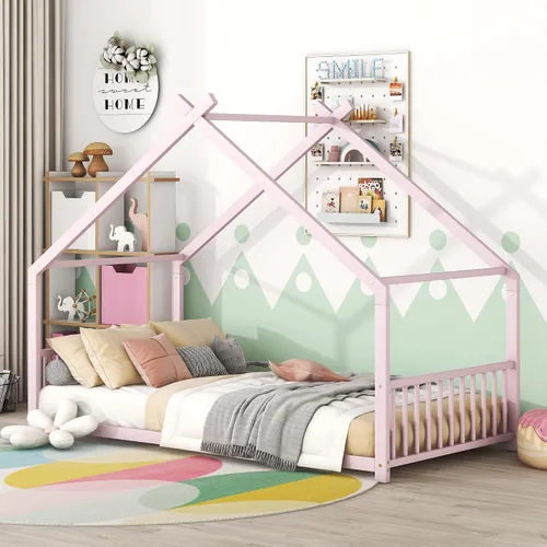 Miniatura 11 de Lakifun Casa de juegos de cama de metal de tamaño individual con barandillas de techo y valla para niños y niñas, marco de toldo Montessori de suelo