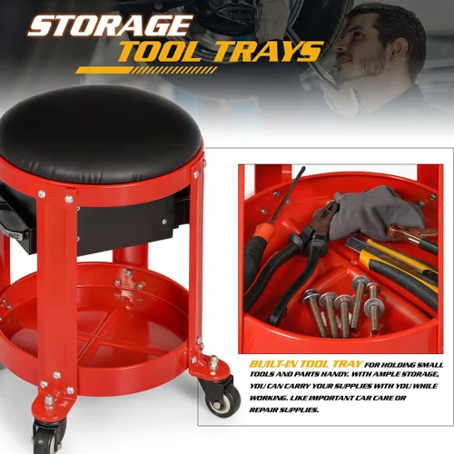 Miniatura 5 de Magshion Rolling Shop Taburete para garaje con cajón integrado, almacenamiento de herramientas y soporte para latas, asiento mecánico acolchado
