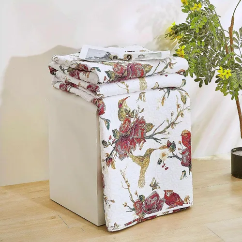 Miniatura 7 de Tache - Juego de colcha acolchada reversible con diseño floral rojo y blanco, diseño de colibríes dorados, color borgoña, marfil, antiguo, granja