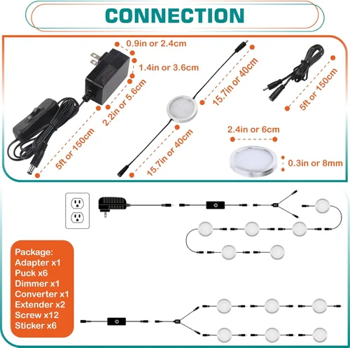 Miniatura 2 de Kit de iluminación para vitrinas, luces LED redondas enlazables debajo del gabinete, carcasa de lámpara de aluminio de perfil bajo de 0.3 pulgadas