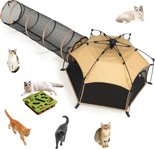 3-in-1 Cat Enclosure with Cat Tent,Tunnel & Interactive Toy, Portable Outdoor Cat Playpen, Waterproof Sunshade for Cats, Dogs, Indoor/Outdoor Use,