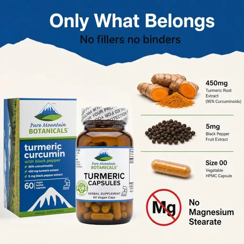 Miniatura 7 de Pure Mountain Botanicals Curcumina de cúrcuma con pimienta negra - 450 mg - 95% curcuminoides - 5 mg de piperina - 60 cápsulas Kosher veganas