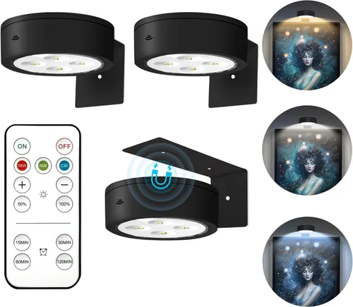 Miniatura 17 de Paquete de 3 luces para cuadros de pared, luz LED para pintura operada por batería recargable con control remoto regulable y temporizador, 3 modos
