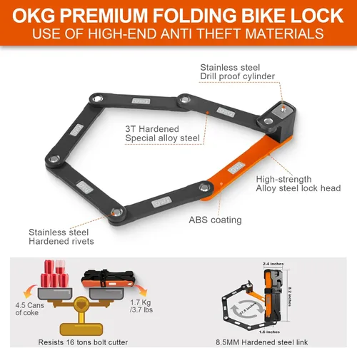 Miniatura 3 de OKG Candado plegable para bicicleta, 3.7 libras, 4 llaves, cerradura plegable de bicicleta de 3 pies, grado de seguridad 9/10, acero de aleación
