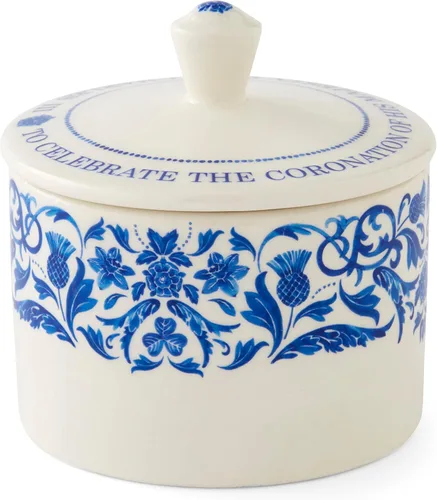 Miniatura 4 de Portmeirion Inicio y regalos Spode King Charles III Coronation - Azucarero cubierto con tapa de 9.5 fl oz, patrón azul y blanco fabricado