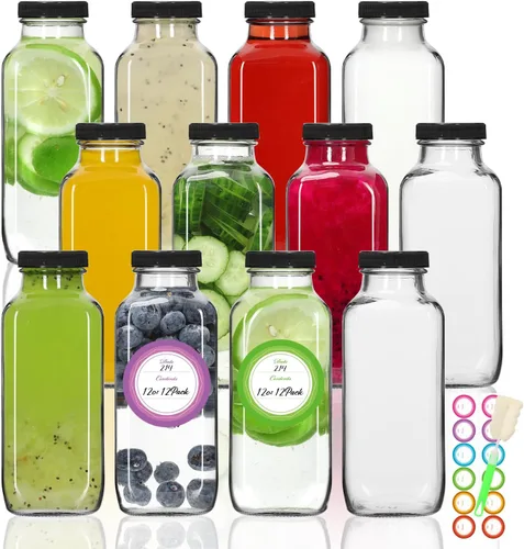 Miniatura 9 de STARSIDE - Botellas de vidrio para jugo de 8 onzas con tapas, paquete de 12 - Frascos reutilizables cuadrados para exprimir, leche, kombucha