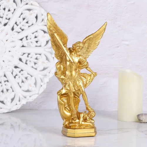 Miniatura 7 de Estatua de San Miguel Arcángel de 31.8 cm en oro, estatua de San Miguel en resina, colección de figuritas del Arcángel Miguel vitoriosamente sobre