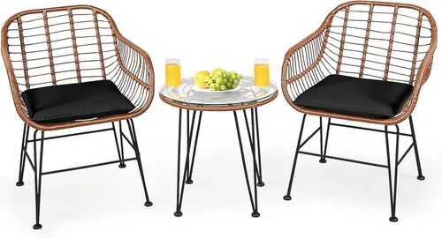 HAPPYGRILL - Juego de 3 muebles de patio bistró de PE ratán y mimbre con sillones y mesa de centro con cojines para jardín, patio trasero, balcón,
