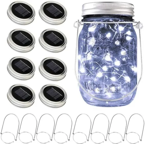 Miniatura 10 de SunKite Luces solares para tarros de masón [actualizadas], paquete de 8 20 luces LED impermeables para tarros de luciérnaga con ganchos
