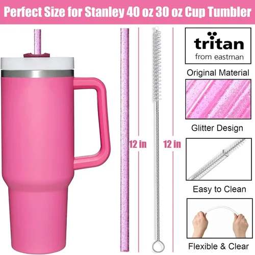 Miniatura 2 de ALINK Sorbetes reutilizables de glitter rosa para vaso Stanley de 40 oz y 30 oz, sorbetes de plástico duro de 12 pulgadas para vaso Stanley, Owala