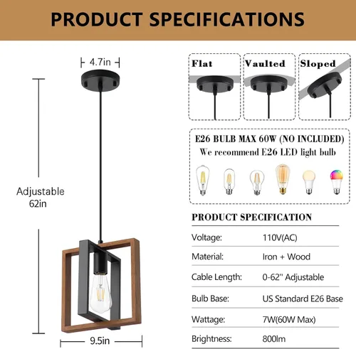 Miniatura 3 de 9MMML Iluminación colgante industrial pequeña, lámpara colgante de cocina estilo granja con cable, madera+metal, 1 luz E26 para comedor dormitorio