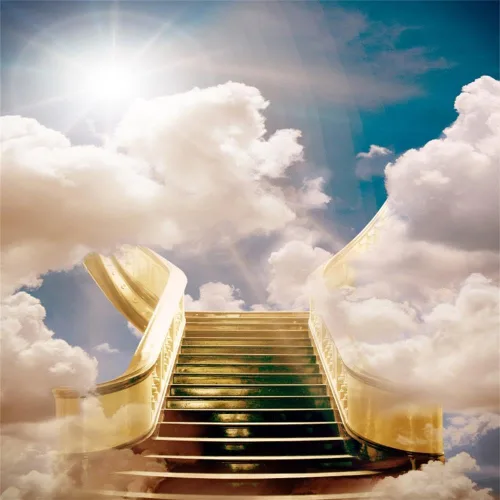 Telón de fondo de poliéster de 5 x 5 pies en memoria amorosa, decoración temática del cielo enviado, escaleras al paraíso, luz del sol, eventos de
