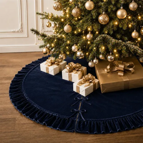 Miniatura 9 de Faldones de Felpa para Árbol de Navidad, 24 pulgadas, Lujosa Cubierta de Base de Árbol de Navidad de Piel Sintética Negra con Copos de Nieve Dorados