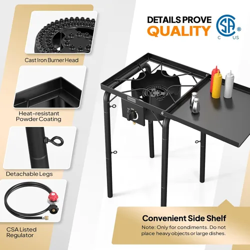 Miniatura 2 de Estufa de gas de una sola hornilla ROVSUN con estante lateral, estufa portátil de propano de 100,000 BTU con pata extraíble y regulador