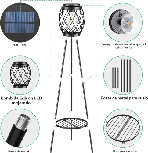 Miniatura 4 de MXwcy Lámpara de pie solar con soportes para plantas, luces solares para exteriores con bombillas LED Edison vintage, luces de jardín resistentes a