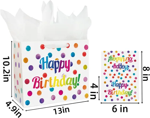 Miniatura 2 de Bolsa de regalo de cumpleaños grande de 13 pulgadas con tarjetas y papeles de seda para niños con asas (puntos)