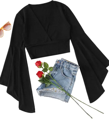 Miniatura 6 de Floerns - Blusa de manga larga acampanada envolvente con cuello en V para mujer