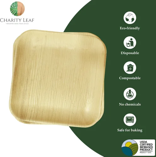 Miniatura 2 de Platos cuadrados desechables de hoja de palma Charity Leaf de 9" (22.86 cm) (50 piezas) Platos de servir tipo bambú, tablas desechables, vajilla