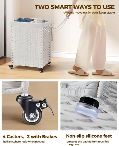 Miniatura 83 de GREENSTELL Cesta para ropa sucia con ruedas y tapa, 130 L, cesta grande de 3 secciones con 2 tipos de bolsas de forro extraíbles, 5 bolsas de malla