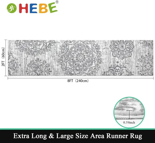 Miniatura 2 de HEBE Alfombra de Pasillo de 2'x8' Lavable, Alfombras de Área Vintage Desgastadas Antideslizantes, Alfombra de Lavandería para Boho, Alfombras de Gris