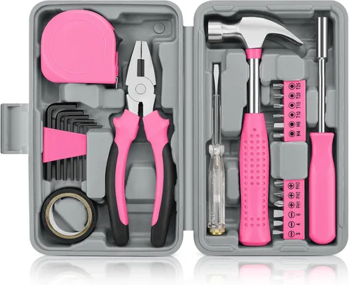Kit de herramientas de bricolaje para el hogar, oficina y garaje, juego de herramientas de mano pequeñas de reparación general con estuche de Rosa