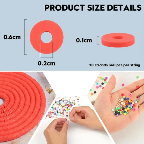 Miniatura 3 de 3600 cuentas de arcilla roja para hacer pulseras, 10 hebras planas redondas de arcilla polimérica de 0.236 pulgadas (0.236 in), cuentas Heishi
