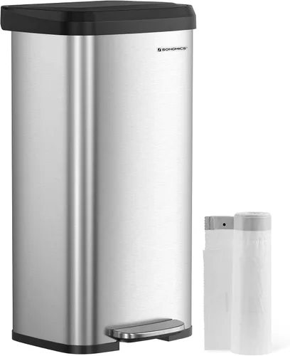 Miniatura 18 de SONGMICS Cubo de basura para cocina, 13 galones (50 L) de acero inoxidable, con tapa que permanece abierta y pedal para pisar, cierre suave, alto