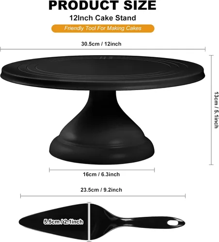Miniatura 4 de ECOWAY Soporte de fibra de bambú para tartas de 12 pulgadas con espátula para pasteles, soporte redondo negro para cupcakes, soporte grande