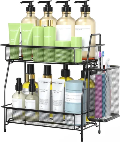 Miniatura 9 de Organizador de baño con canasta, bandeja de baño de 2 niveles para estante de almacenamiento de encimera, organizador de encimera de baño, Negro