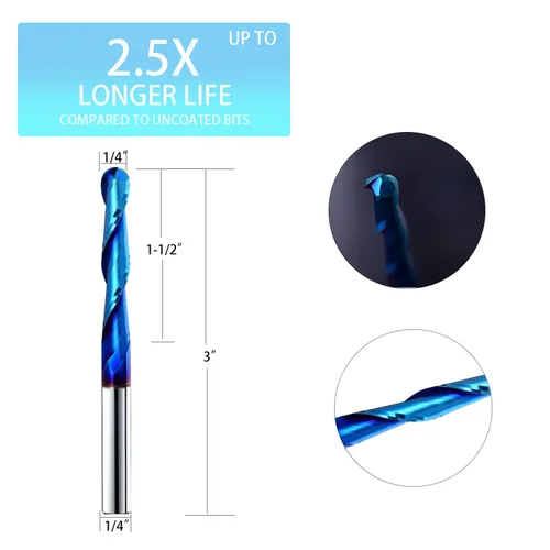 Miniatura 2 de Nariz esférica Cortador de fresado de extremo de 0.1 grados Fresas de enrutador CNC Herramienta de fresado en espiral con revestimiento nano azul